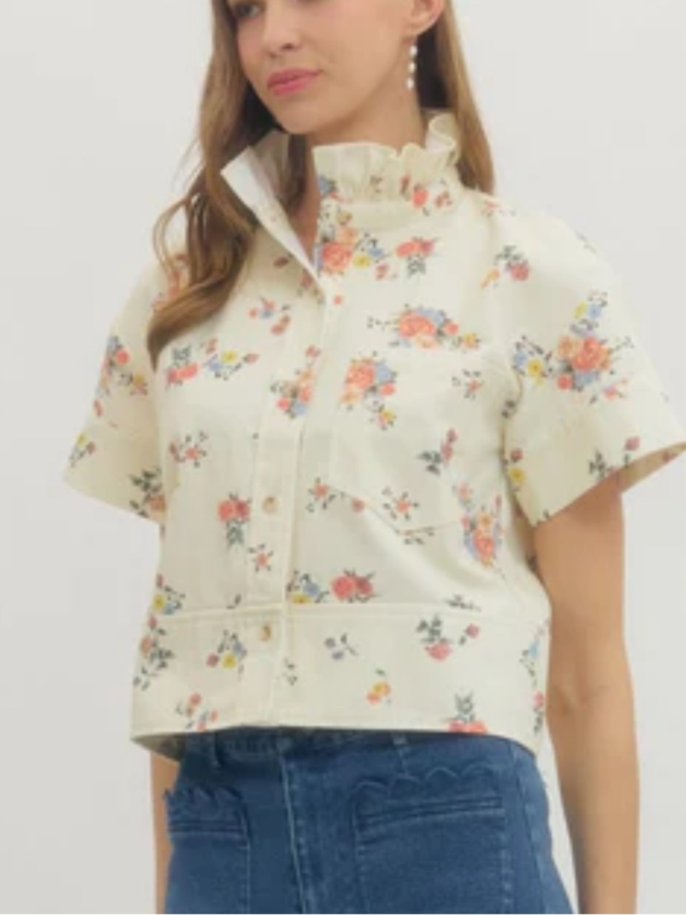 New Denim Cream Floral Ruffle Neck Top